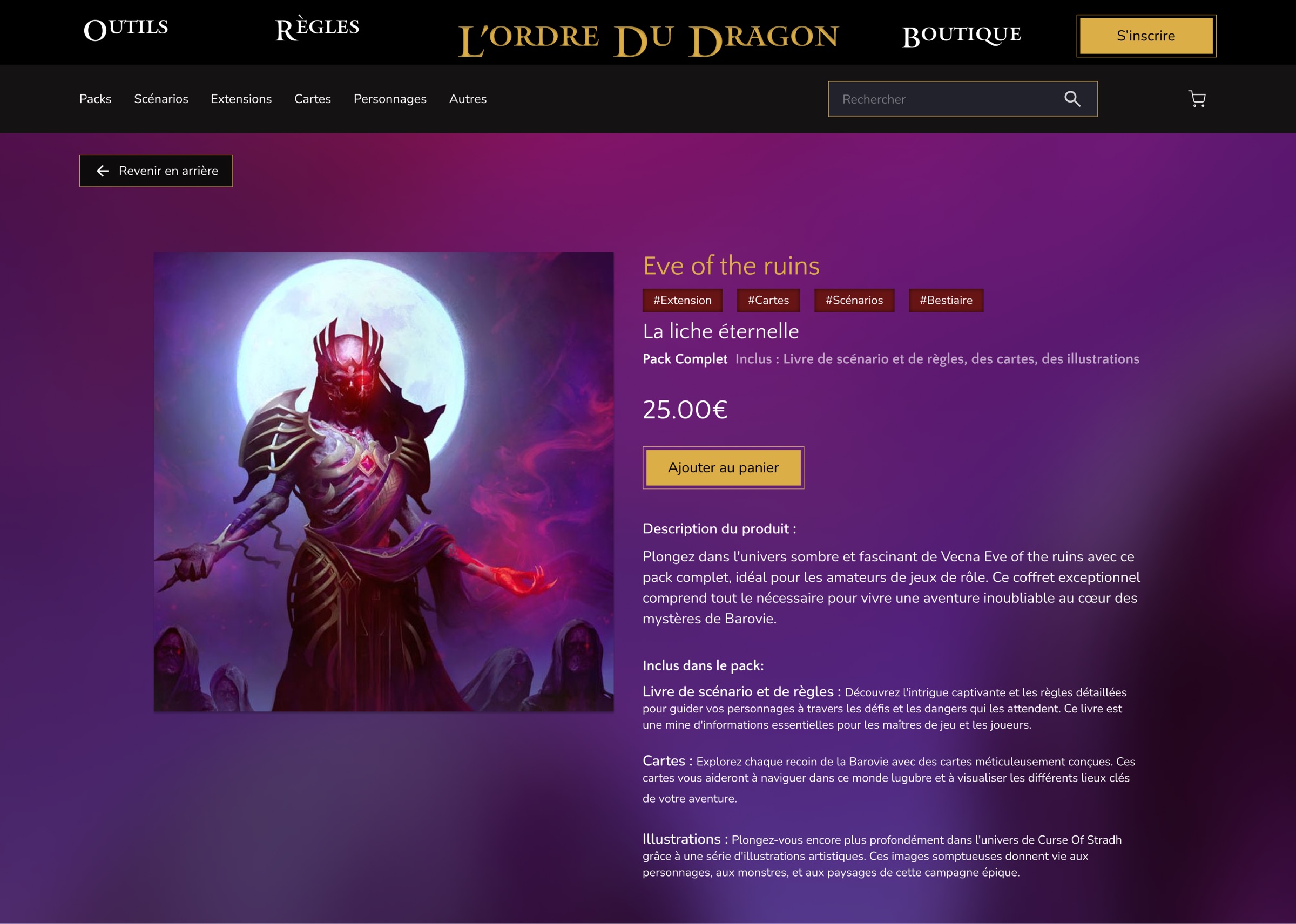 Page produit du site Ordre du Dragon